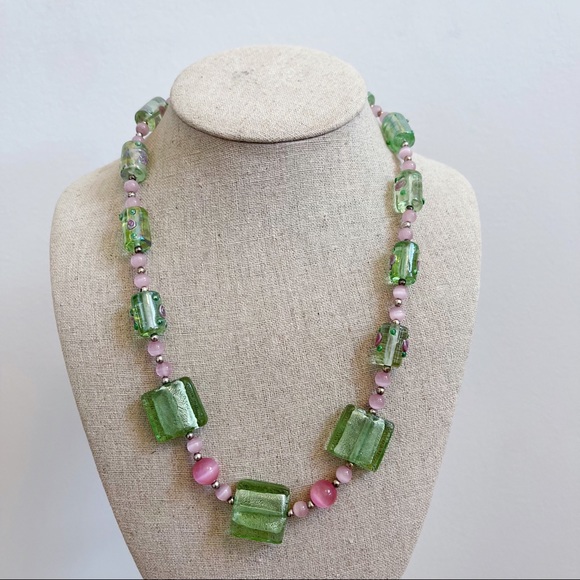 Green Pink Lampworks Pink Tiger Eye Beaded Elegant Necklace 20” Artisan